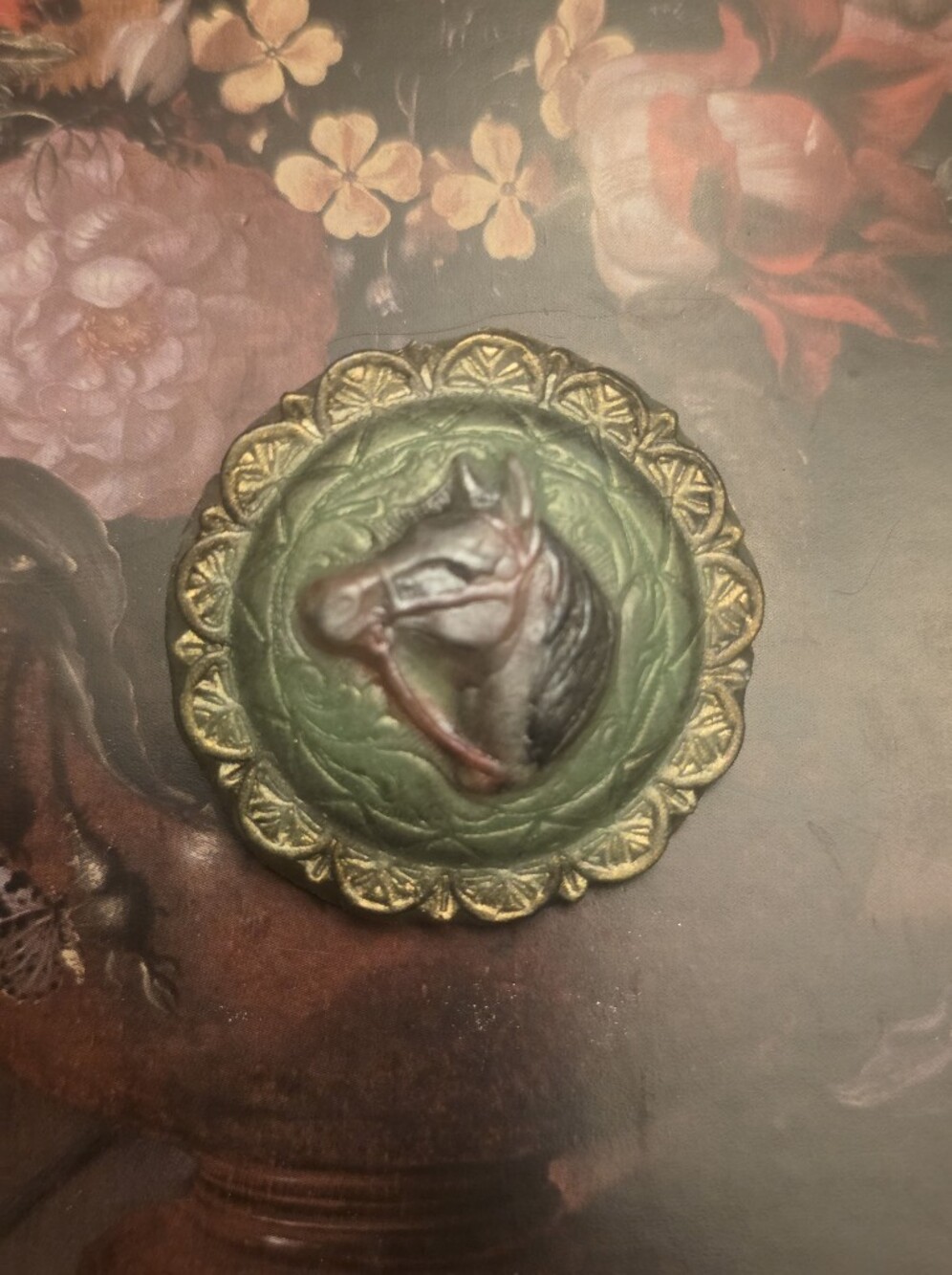 Black & White Resin Horse Brooch With Green & Gold Tones